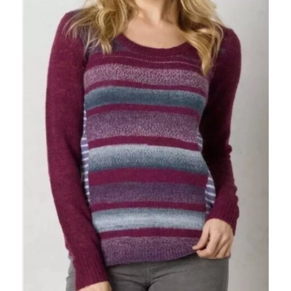 Prana Seffi Maroon & Blue Striped Round Neck Wool Blend Sweater, Size XS